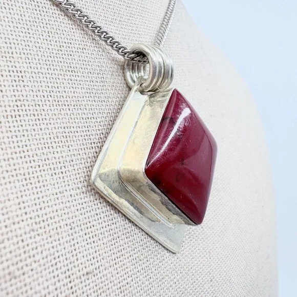 Jasper Bezel Set Pendant Necklace VTG Sterling Silver 925 Size 24 Length